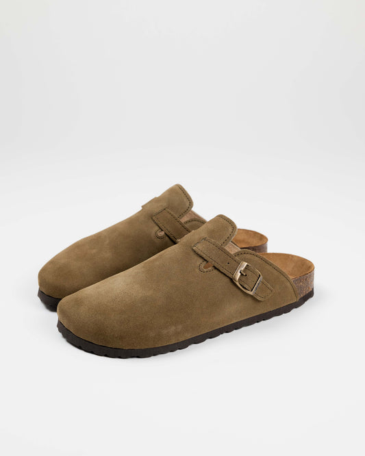 Khaki Green Suede Wide Mules